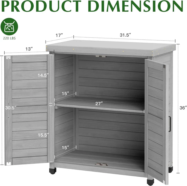 Alt view image 3 of 6 - Outdoor Storage Cabinet & Potting Bench Table with Metal Top Wooden Garden Workstation (Classic Grey, 36x31x17in)