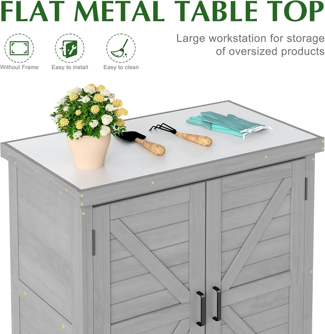 Alt view image 4 of 6 - Outdoor Storage Cabinet & Potting Bench Table with Metal Top Wooden Garden Workstation (Classic Grey, 36x31x17in)