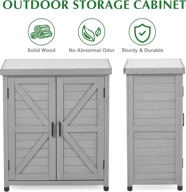 Alt view image 6 of 6 - Outdoor Storage Cabinet & Potting Bench Table with Metal Top Wooden Garden Workstation (Classic Grey, 36x31x17in)
