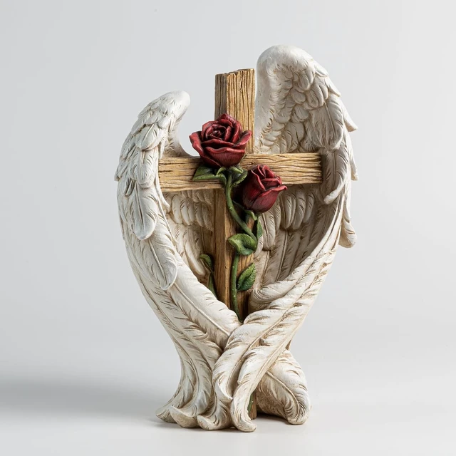 Alt view image 2 of 7 - 12" Angel Wings Embracing Cross & Rose Memorial Garden Statue for a Beloved One