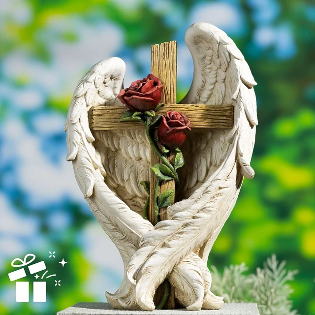 Alt view image 3 of 7 - 12" Angel Wings Embracing Cross & Rose Memorial Garden Statue for a Beloved One
