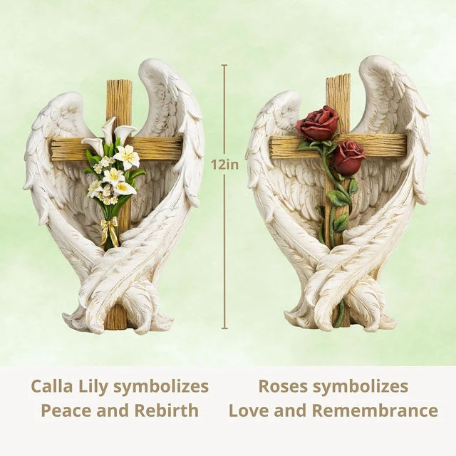 Alt view image 4 of 7 - 12" Angel Wings Embracing Cross & Rose Memorial Garden Statue for a Beloved One