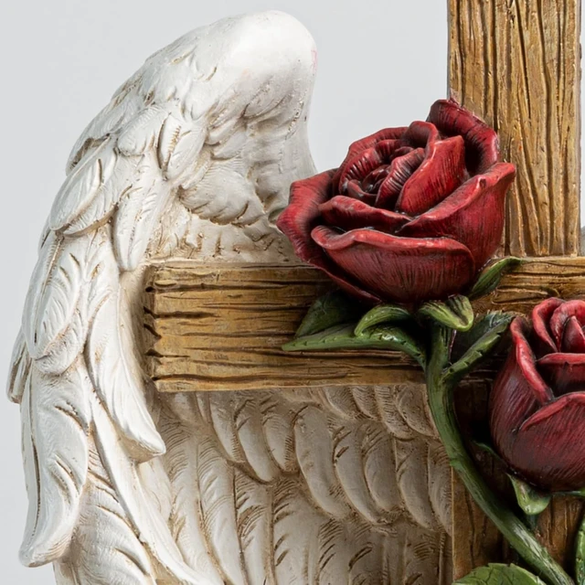 Alt view image 5 of 7 - 12" Angel Wings Embracing Cross & Rose Memorial Garden Statue for a Beloved One