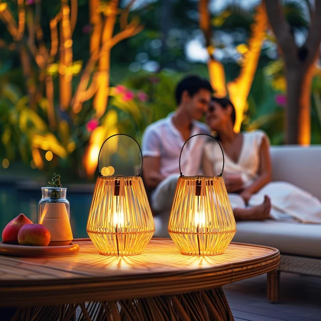Alt view image 7 of 7 - 2 Pack Waterproof Rattan Solar Lanterns Outdoor Hanging Lights