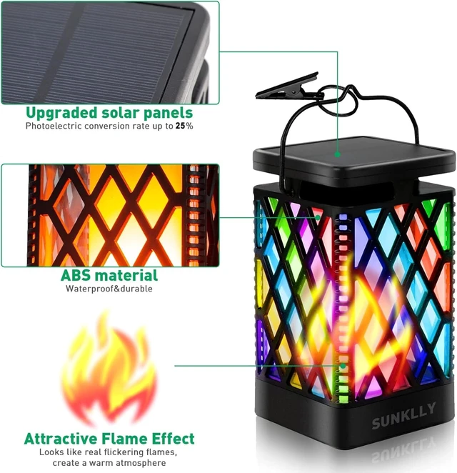 Alt view image 2 of 7 - Hanging Solar Lanterns Color Changing & Fixed 9 Modes Waterproof Outdoor Lights, Flickering Flame Camping Lanterns for Garden, Patio, Pathway (2 Pack)