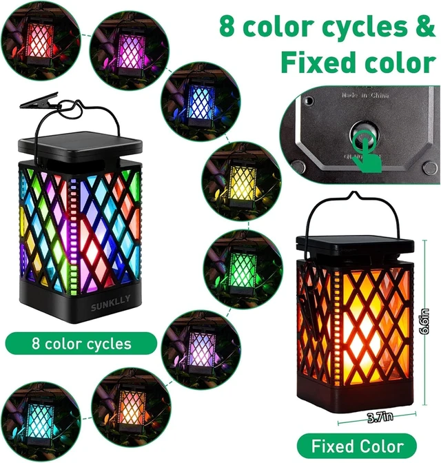 Alt view image 3 of 7 - Hanging Solar Lanterns Color Changing & Fixed 9 Modes Waterproof Outdoor Lights, Flickering Flame Camping Lanterns for Garden, Patio, Pathway (2 Pack)