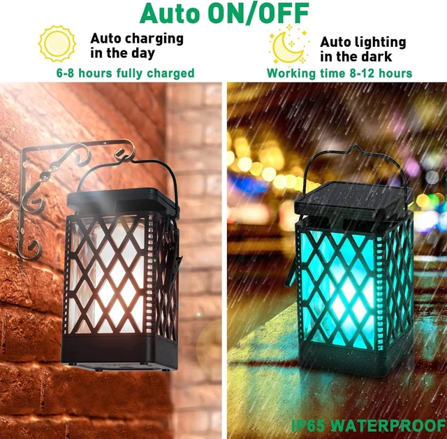 Alt view image 4 of 7 - Hanging Solar Lanterns Color Changing & Fixed 9 Modes Waterproof Outdoor Lights, Flickering Flame Camping Lanterns for Garden, Patio, Pathway (2 Pack)