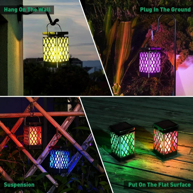 Alt view image 6 of 7 - Hanging Solar Lanterns Color Changing & Fixed 9 Modes Waterproof Outdoor Lights, Flickering Flame Camping Lanterns for Garden, Patio, Pathway (2 Pack)