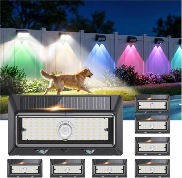 Main image of 8 Pack 2-in-1 Solar Motion Sensor Wall Lights IP65 Waterproof with 36 LED Main Light + 2 LED 9-Color RGB Ambient Lighting for Patio, Yard, Fence, Garden