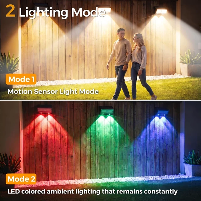 Alt view image 4 of 7 - 8 Pack 2-in-1 Solar Motion Sensor Wall Lights IP65 Waterproof with 36 LED Main Light + 2 LED 9-Color RGB Ambient Lighting for Patio, Yard, Fence, Garden