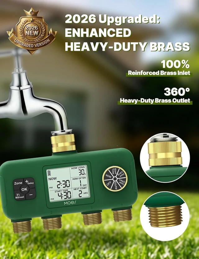 Alt view image 2 of 7 - 4-Zone Water Timer with Brass Fittings & Sequential Watering, No Wi-Fi