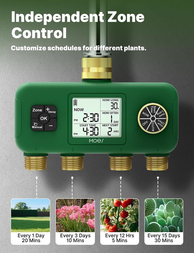 Alt view image 3 of 7 - 4-Zone Water Timer with Brass Fittings & Sequential Watering, No Wi-Fi