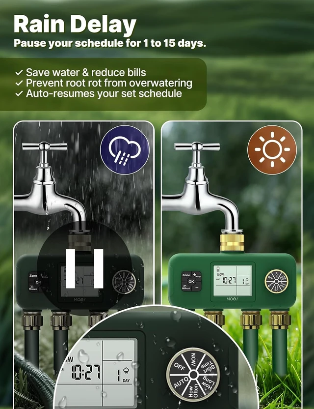 Alt view image 4 of 7 - 4-Zone Water Timer with Brass Fittings & Sequential Watering, No Wi-Fi