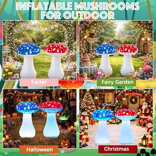 Alt view image 6 of 6 - 2 Pcs LED Inflatable Mushrooms, Red & Blue Garden Outdoor Decor