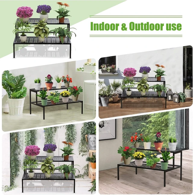 Alt view image 3 of 5 - Heavy Duty 2-Tier Metal Plant Stand Flower Pot Holder Rack