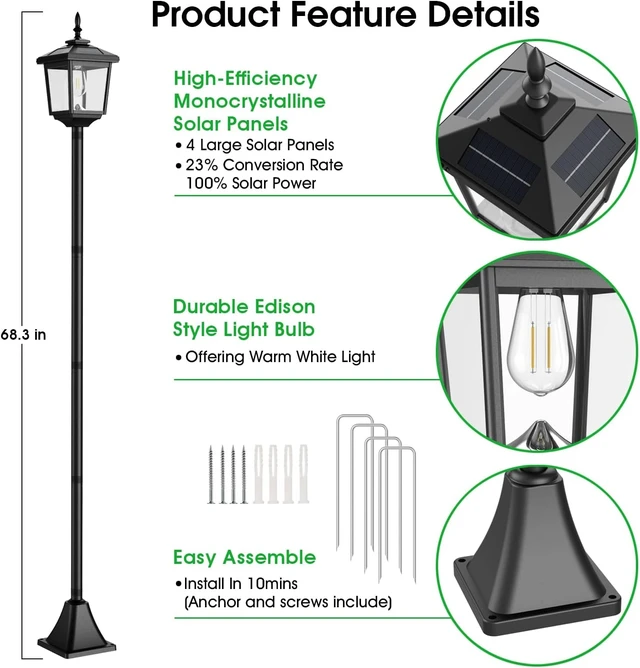 Alt view image 3 of 7 - 68" Solar Lamp Post Lights Outdoor, 2-Pack 2700K Dusk to Dawn Waterproof Posts for Garden, Patio, Lawn, Pathway, Driveway, Front Porch (Warm)