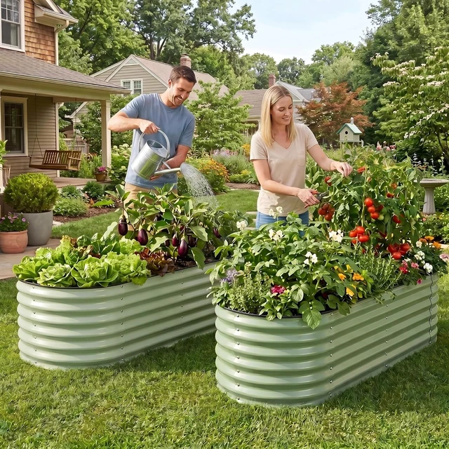 Alt view image 2 of 7 - 2 Pack 4-in-1 Modular 5x2x1.4ft Raised Garden Bed, Olive Green