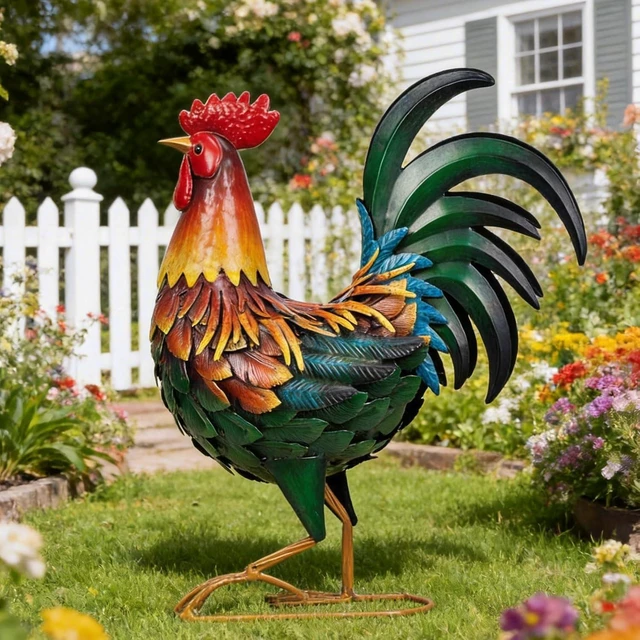 Main image of Metal Rooster Garden Statue Chicken Yard Art Outdoor Sculpture