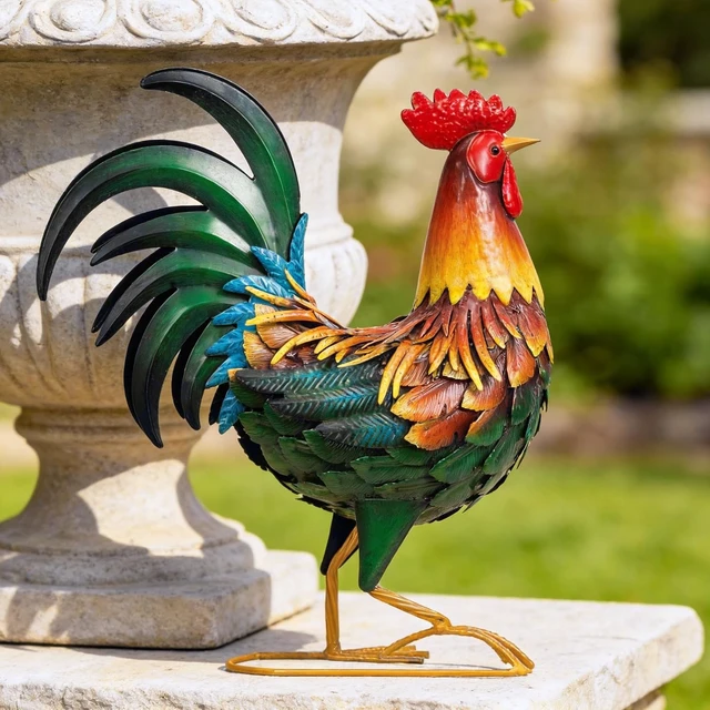 Alt view image 3 of 7 - Metal Rooster Garden Statue Chicken Yard Art Outdoor Sculpture