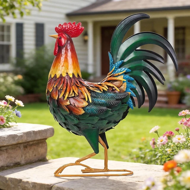 Alt view image 6 of 7 - Metal Rooster Garden Statue Chicken Yard Art Outdoor Sculpture