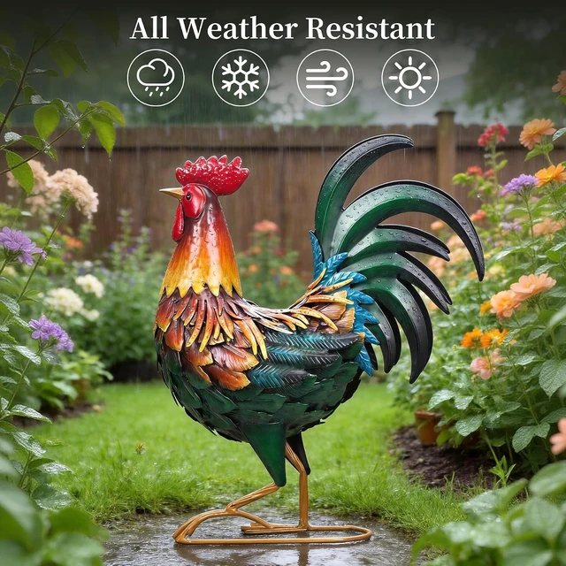 Alt view image 7 of 7 - Metal Rooster Garden Statue Chicken Yard Art Outdoor Sculpture