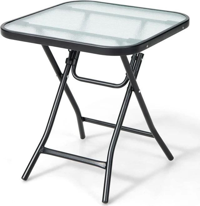 Main image of 18" Square Patio Bistro Table with Glass Top & Rustproof Frame Folding Coffee Table for Patio, Balcony, Backyard, Poolside (Black)