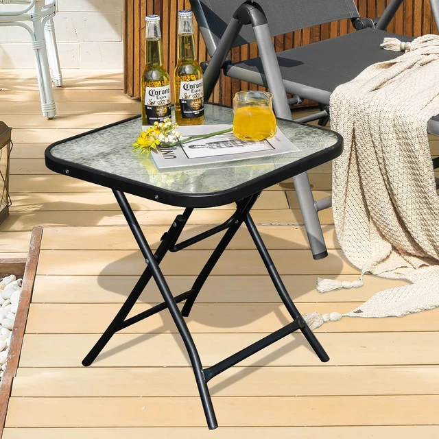 Alt view image 2 of 7 - 18" Square Patio Bistro Table with Glass Top & Rustproof Frame Folding Coffee Table for Patio, Balcony, Backyard, Poolside (Black)