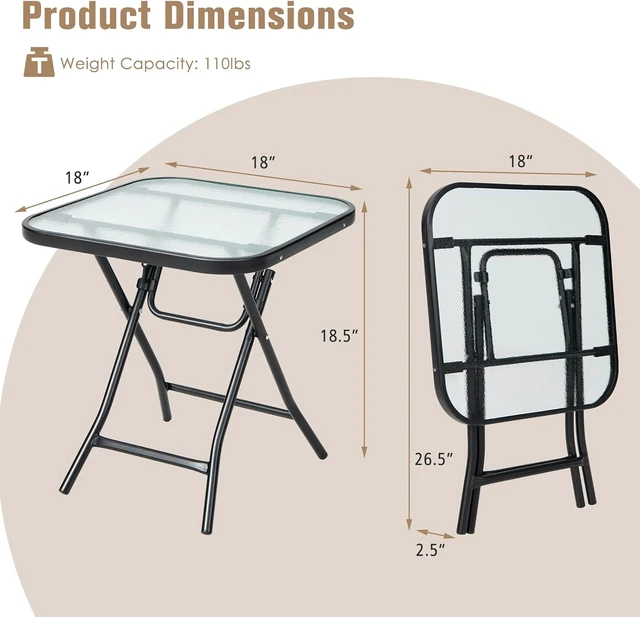 Alt view image 3 of 7 - 18" Square Patio Bistro Table with Glass Top & Rustproof Frame Folding Coffee Table for Patio, Balcony, Backyard, Poolside (Black)
