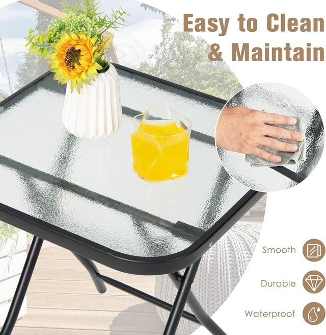 Alt view image 5 of 7 - 18" Square Patio Bistro Table with Glass Top & Rustproof Frame Folding Coffee Table for Patio, Balcony, Backyard, Poolside (Black)