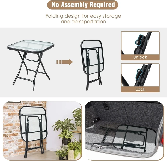 Alt view image 6 of 7 - 18" Square Patio Bistro Table with Glass Top & Rustproof Frame Folding Coffee Table for Patio, Balcony, Backyard, Poolside (Black)