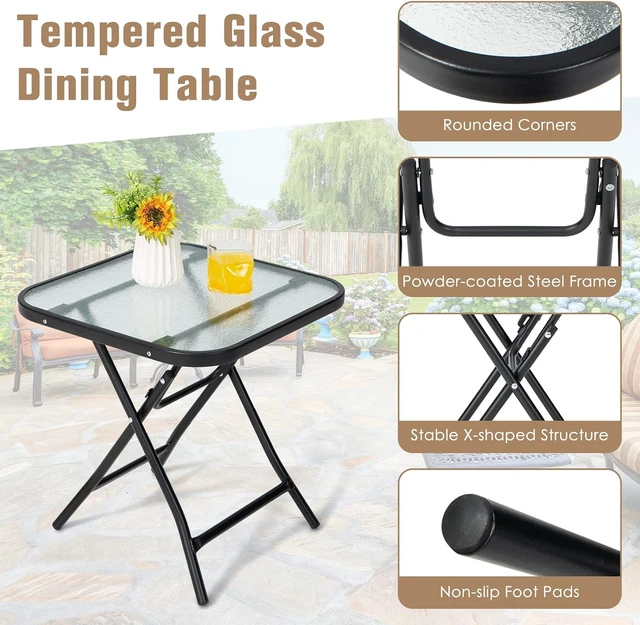 Alt view image 7 of 7 - 18" Square Patio Bistro Table with Glass Top & Rustproof Frame Folding Coffee Table for Patio, Balcony, Backyard, Poolside (Black)