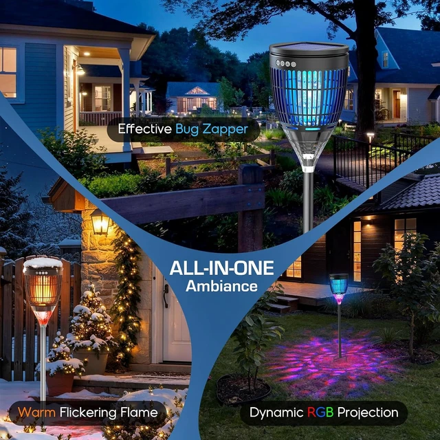 Alt view image 4 of 7 - Outdoor Solar Bug Zapper Mosquito Zapper with Flame & Projector Light