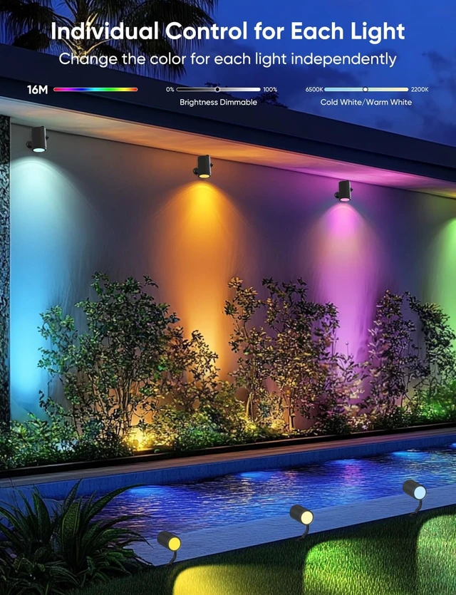 Alt view image 4 of 7 - 24W Smart Landscape Lighting Kit 4 Pack RGBCW Outdoor Spot Lights