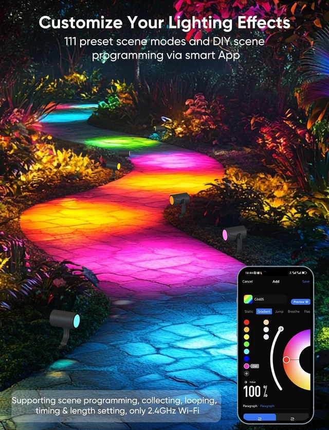 Alt view image 5 of 7 - 24W Smart Landscape Lighting Kit 4 Pack RGBCW Outdoor Spot Lights