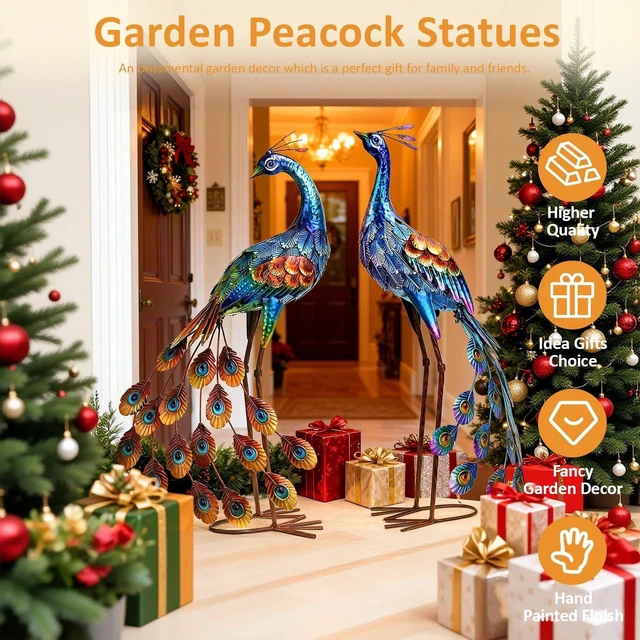 Alt view image 3 of 7 - Metal Peacock Outdoor Garden Statue & Sculpture