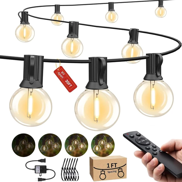 Main image of 30FT Outdoor String Lights with 28 Bulbs (1 FT Apart) & Remote for Patio