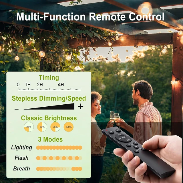 Alt view image 7 of 7 - 30FT Outdoor String Lights with 28 Bulbs (1 FT Apart) & Remote for Patio