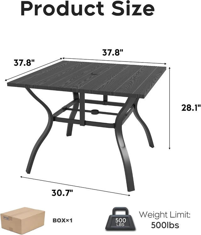 Alt view image 2 of 7 - Wood-Grain Patio Outdoor Dining Table All-Weather Metal Square Table with Umbrella Hole, for Party, Lawn & Garden (37.8" x 37.8") Black