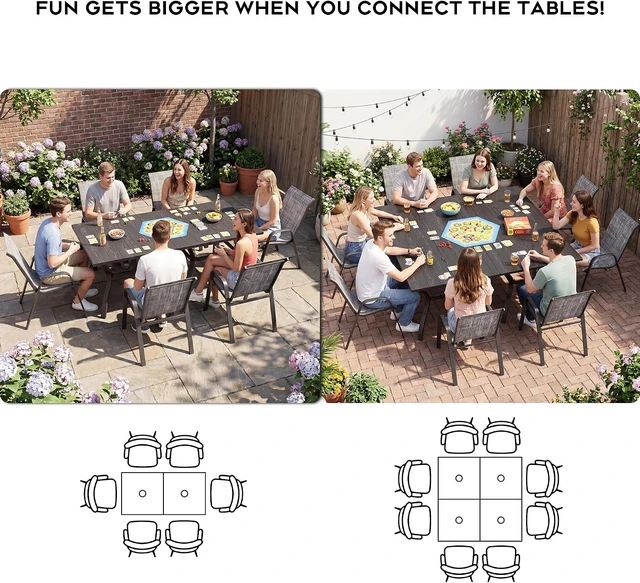 Alt view image 3 of 7 - Wood-Grain Patio Outdoor Dining Table All-Weather Metal Square Table with Umbrella Hole, for Party, Lawn & Garden (37.8" x 37.8") Black