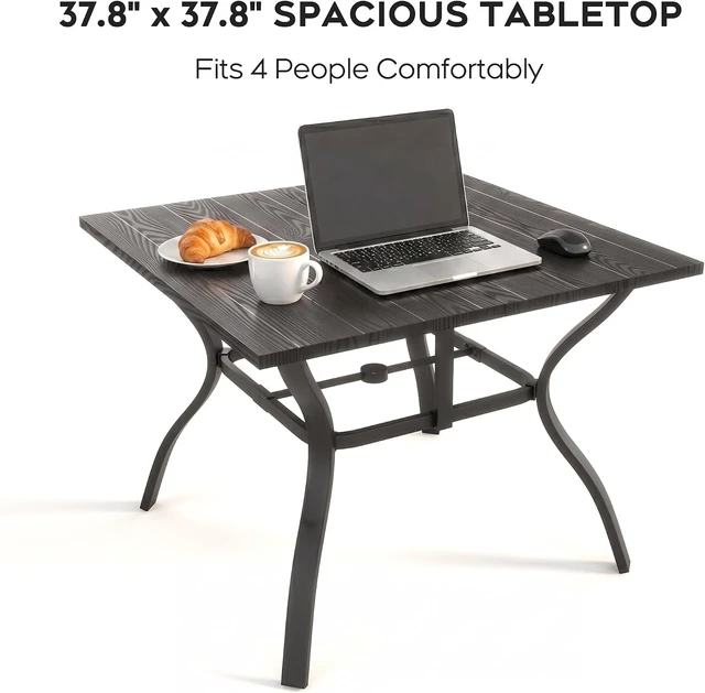 Alt view image 4 of 7 - Wood-Grain Patio Outdoor Dining Table All-Weather Metal Square Table with Umbrella Hole, for Party, Lawn & Garden (37.8" x 37.8") Black