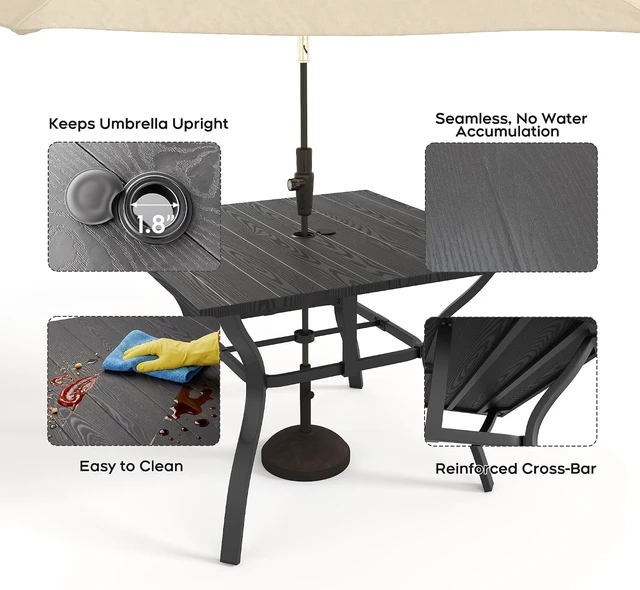 Alt view image 7 of 7 - Wood-Grain Patio Outdoor Dining Table All-Weather Metal Square Table with Umbrella Hole, for Party, Lawn & Garden (37.8" x 37.8") Black