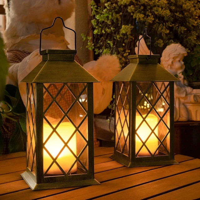 Main image of 14" Solar Lanterns Outdoor Waterproof Flameless Candle Mission Garden Lights for Table, Halloween Decor ( 2 Packs Brush-Painted Antique Gold Color)