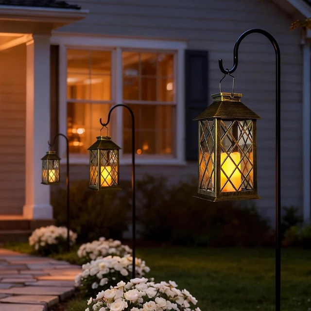 Alt view image 2 of 7 - 14" Solar Lanterns Outdoor Waterproof Flameless Candle Mission Garden Lights for Table, Halloween Decor ( 2 Packs Brush-Painted Antique Gold Color)