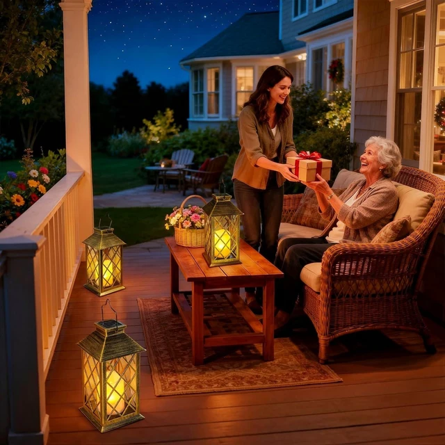 Alt view image 4 of 7 - 14" Solar Lanterns Outdoor Waterproof Flameless Candle Mission Garden Lights for Table, Halloween Decor ( 2 Packs Brush-Painted Antique Gold Color)