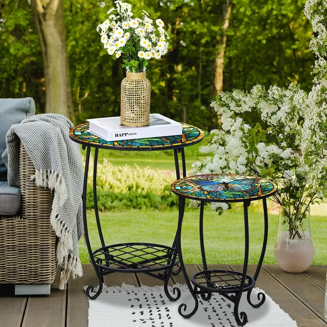 Alt view image 2 of 7 - 2 Small Outdoor Side Tables, 12" & 16" Butterfly Patio End Table