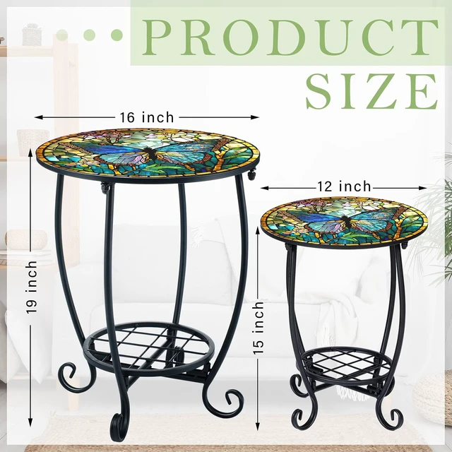 Alt view image 3 of 7 - 2 Small Outdoor Side Tables, 12" & 16" Butterfly Patio End Table