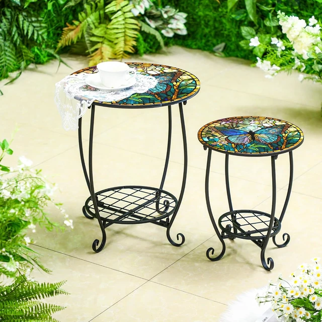 Alt view image 4 of 7 - 2 Small Outdoor Side Tables, 12" & 16" Butterfly Patio End Table