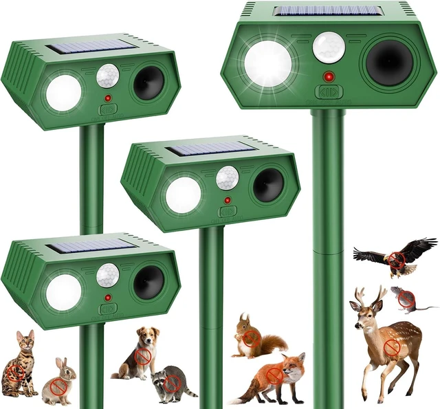 Main image of 2026 Upgraded Solar Ultrasonic Animal Repeller Outdoor Waterproof Motion Activated with Flash Light for Deer, Cat, Squirrel, Raccoon, Rabbit, Dog, Garden Yard, 4 Pack