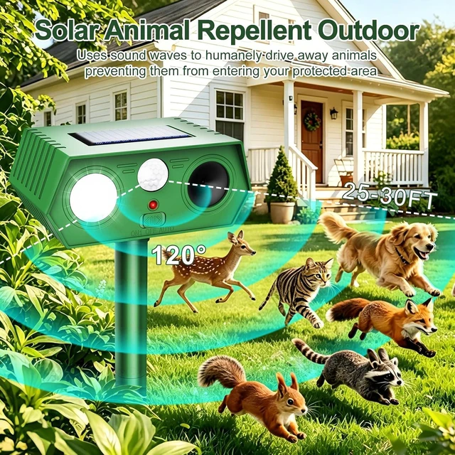 Alt view image 2 of 7 - 2026 Upgraded Solar Ultrasonic Animal Repeller Outdoor Waterproof Motion Activated with Flash Light for Deer, Cat, Squirrel, Raccoon, Rabbit, Dog, Garden Yard, 4 Pack