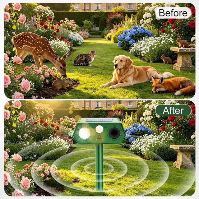 Alt view image 6 of 7 - 2026 Upgraded Solar Ultrasonic Animal Repeller Outdoor Waterproof Motion Activated with Flash Light for Deer, Cat, Squirrel, Raccoon, Rabbit, Dog, Garden Yard, 4 Pack